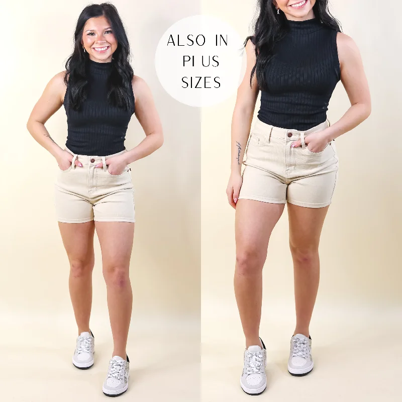 Women's denim shorts with a graphic tee-Judy Blue | Spring Serenade Garment Shorts in Bone Cream Women's denim shorts with a graphic tee-Judy Blue | Spring Serenade Garment Shorts in Bone Cream