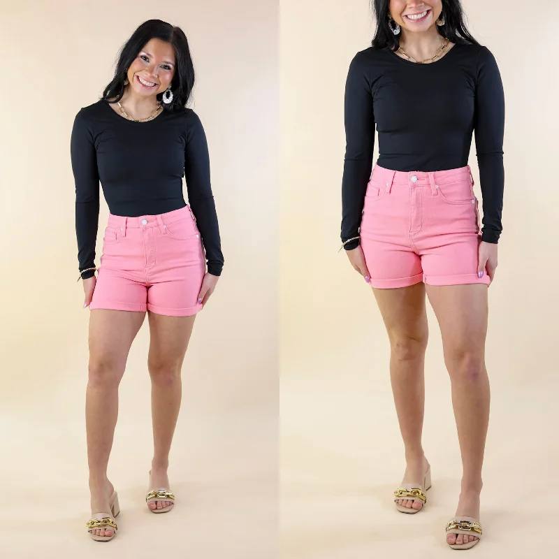 Women's denim shorts with rips-Judy Blue | Summer Break Garment Dyed Cuffed Shorts in Light Pink Wash Women's denim shorts with rips-Judy Blue | Summer Break Garment Dyed Cuffed Shorts in Light Pink Wash