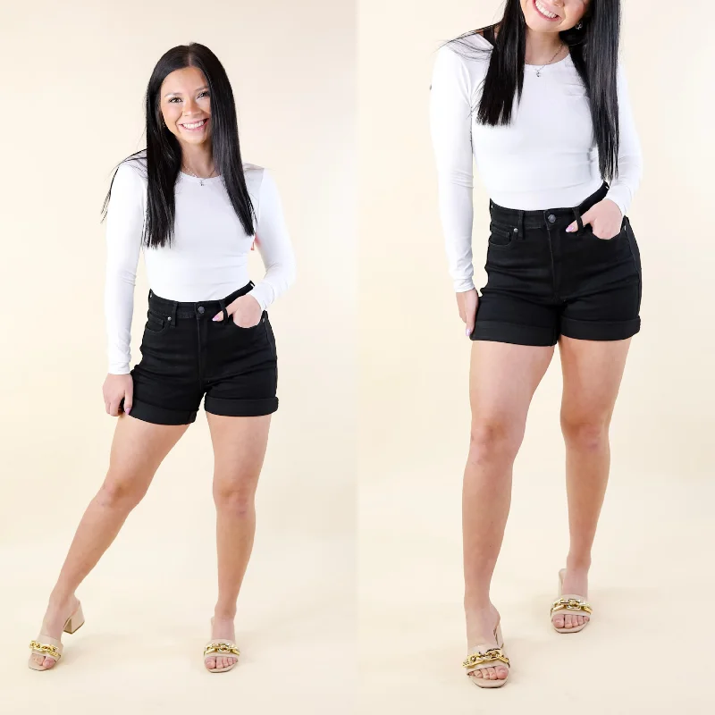 Women's denim shorts for summer-Judy Blue | Summer Break Tummy Control Cuffed Shorts in Black Women's denim shorts for summer-Judy Blue | Summer Break Tummy Control Cuffed Shorts in Black