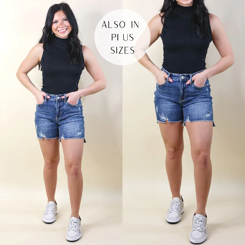 Women's denim shorts for a music festival-Last Chance Size Large | Judy Blue | Summer Daze Mid Thigh High-Low Shorts in Medium Wash Women's denim shorts for a music festival-Last Chance Size Large | Judy Blue | Summer Daze Mid Thigh High-Low Shorts in Medium Wash