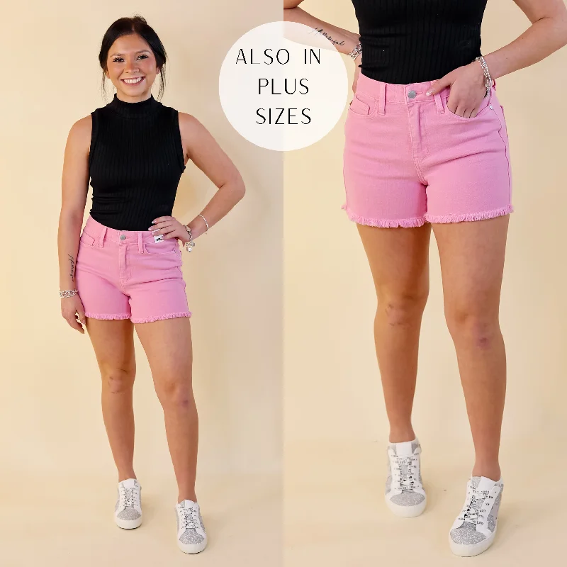 Women's denim shorts for tall women-Judy Blue | Sunlight Spectrum Garment Dyed Fray Hem Shorts in Light Pink Wash