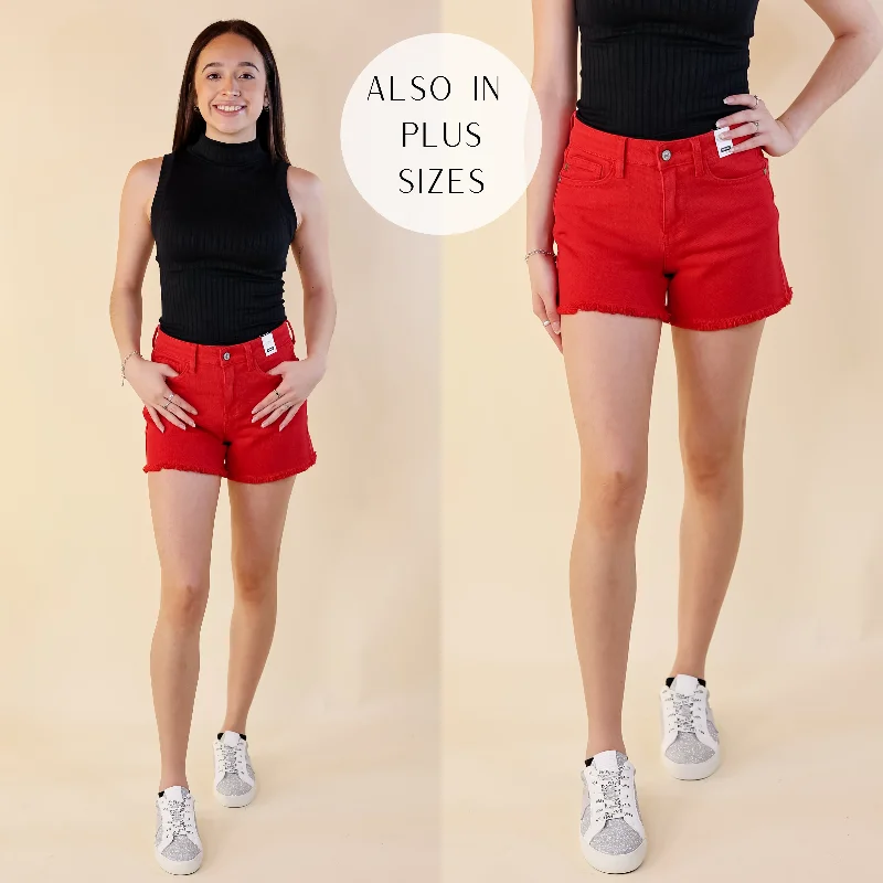 Women's denim shorts with a belt-Last Chance Size Large, 1XL & 2XL | Judy Blue | Sunlight Spectrum Garment Dyed Fray Hem Shorts in Red Wash Women's denim shorts with a belt-Last Chance Size Large, 1XL & 2XL | Judy Blue | Sunlight Spectrum Garment Dyed Fray Hem Shorts in Red Wash