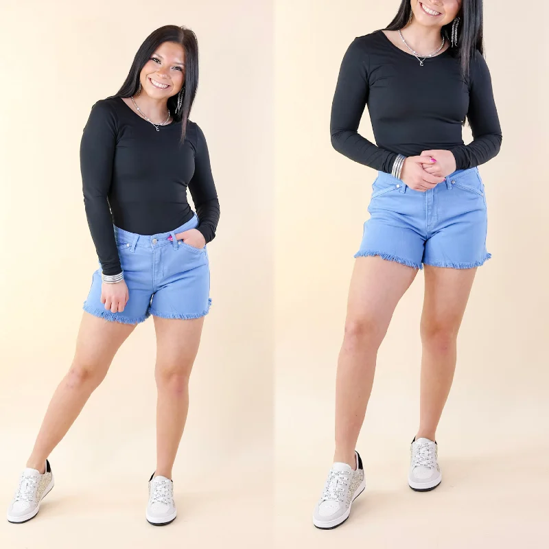 With for top fabric and and style if a:Judy Blue | Sunlight Spectrum Garment Dyed Fray Hem Shorts in Sky Blue Wash With for top fabric and and style if a:Judy Blue | Sunlight Spectrum Garment Dyed Fray Hem Shorts in Sky Blue Wash