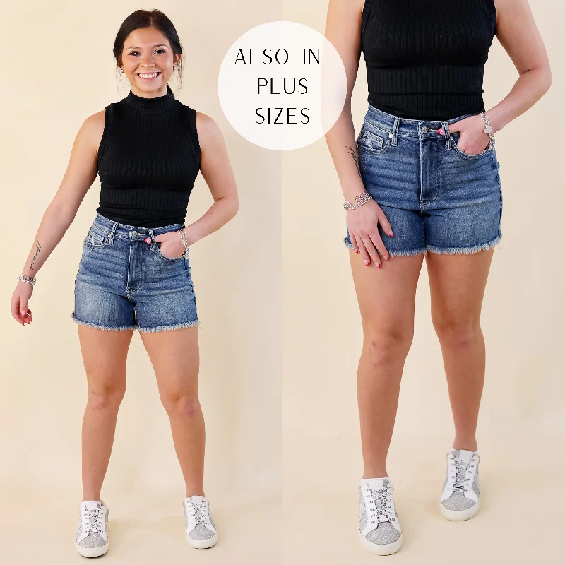 Women's denim shorts and a tank top-Last Chance Size Small | Judy Blue | Sunny Stride Tummy Control Fray Hem Shorts in Medium Wash Women's denim shorts and a tank top-Last Chance Size Small | Judy Blue | Sunny Stride Tummy Control Fray Hem Shorts in Medium Wash