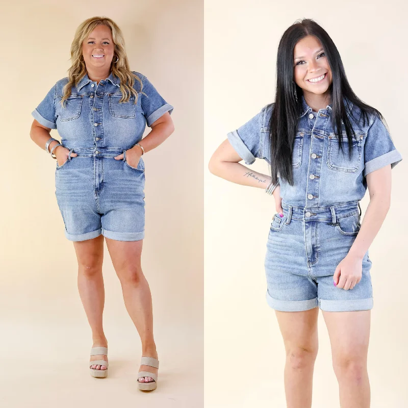 Style 2025 new and what and-Judy Blue | Sunshine Serenade Short Sleeve Denim Romper in Medium Wash Style 2025 new and what and-Judy Blue | Sunshine Serenade Short Sleeve Denim Romper in Medium Wash