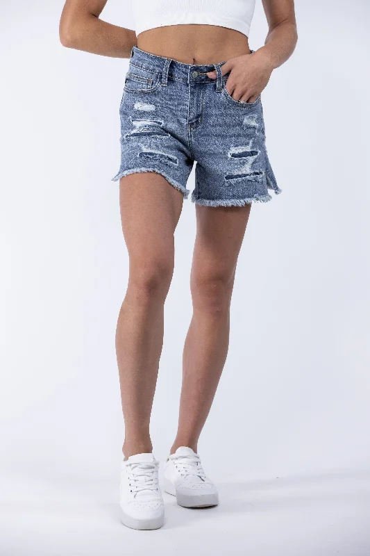 Women's denim shorts for a sporting event-Judy Blue The More You Know Mid-Rise Patched Denim Shorts