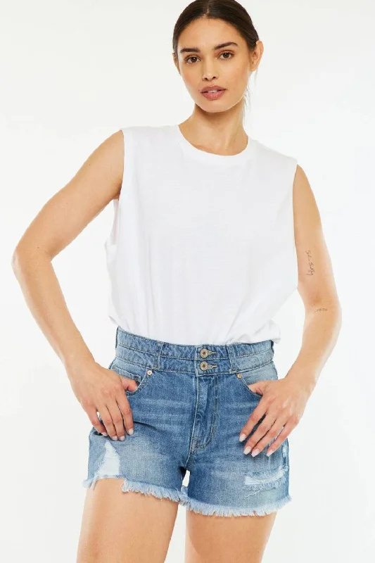 Women's denim shorts is from the new -Kancan Full Size High Rise Raw Hem Denim Shorts