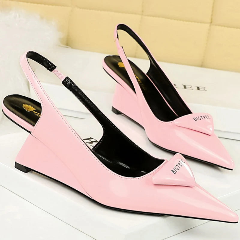 Sleek and Shiny Patent Pump Heels for a Polished Look--Korean version Fashion Patent Leather Shallow Pointed Toe Hollow Back Strap