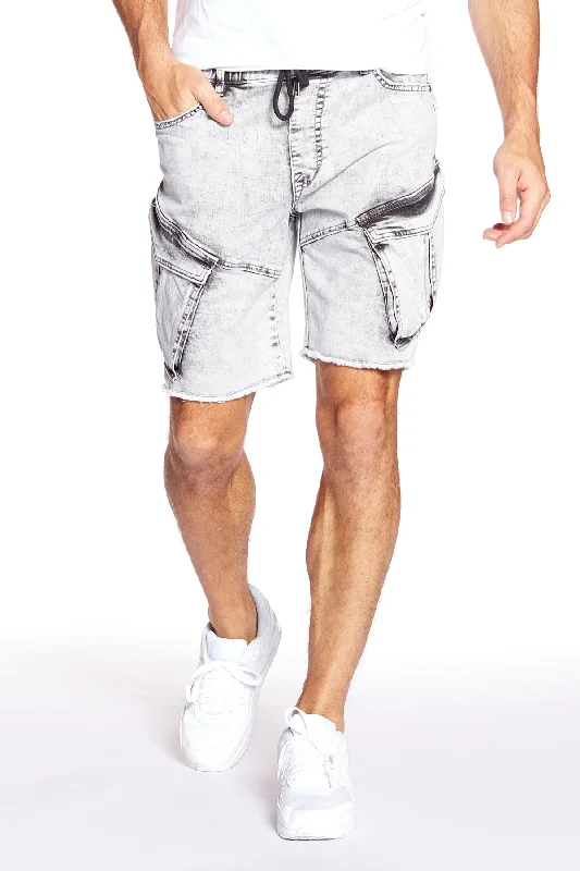Women's denim shorts is on for trendy or 2025-KRAVITZ - Mens 5-Pockets Pull-On Cargo Denim Shorts - Light Grey Acid Wash