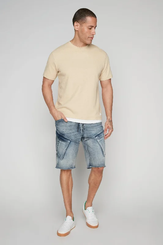 Women's denim shorts with pockets styled-KRAVITZ - Mens 5-Pockets Pull-On Cargo Denim Shorts  - Vintage Light Blue Wash