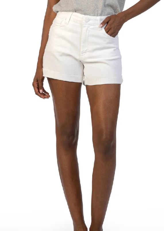 Women's denim shorts with distressed light wash :Kut Jane High Rise Univen Roll Up Raw Hem- Optic White ***FINAL SALE*** Women's denim shorts with distressed light wash :Kut Jane High Rise Univen Roll Up Raw Hem- Optic White ***FINAL SALE***