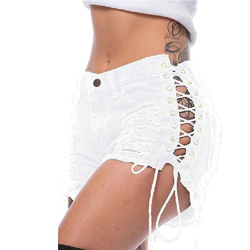 Women's denim shorts for curvy women-Lace-Up Ripped Denim Shorts Wholesale Womens Clothing N3823090500038 Women's denim shorts for curvy women-Lace-Up Ripped Denim Shorts Wholesale Womens Clothing N3823090500038