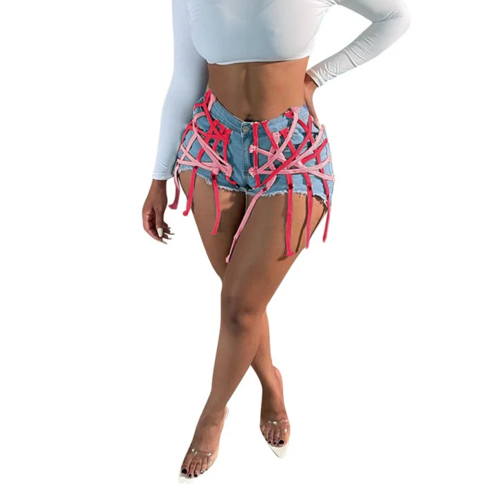 Women's denim shorts for shopping-Lace Up Stretch Denim Shorts Wholesale Sexy Clothes