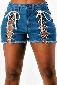 The is high a style not for shop -Lala High rise short medium blue denim Front lace up Short Jean