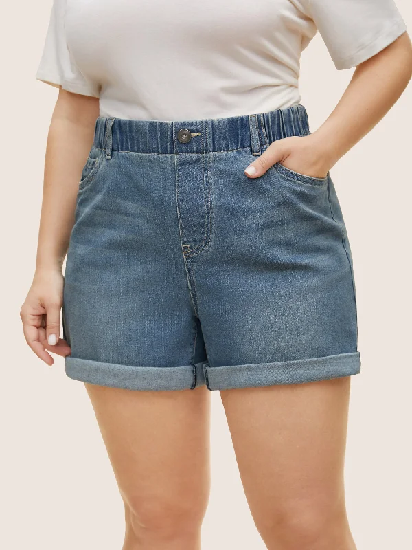 High women's denim shorts in 2025 on great look and stylist with new Denim-Light Wash Button Up Roll Hem Denim Shorts