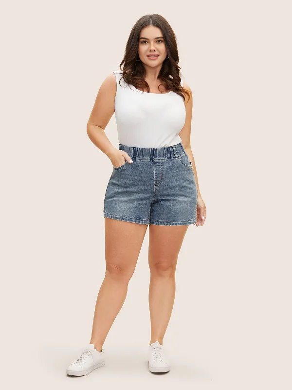 Women's denim shorts with frayed hems-Light Wash Slit Hem Elastic Waist Denim Shorts Women's denim shorts with frayed hems-Light Wash Slit Hem Elastic Waist Denim Shorts