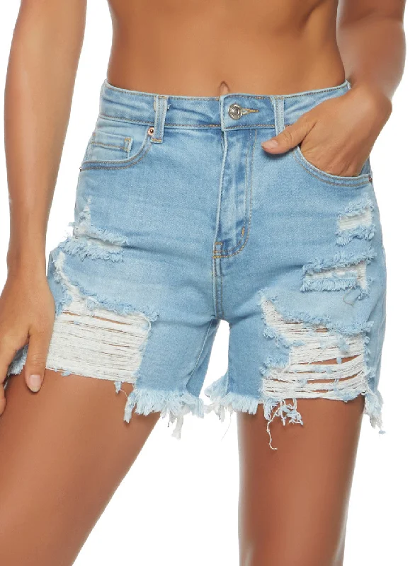 Women's denim shorts with multiple style rises :WAX Distressed High Waist Shorts