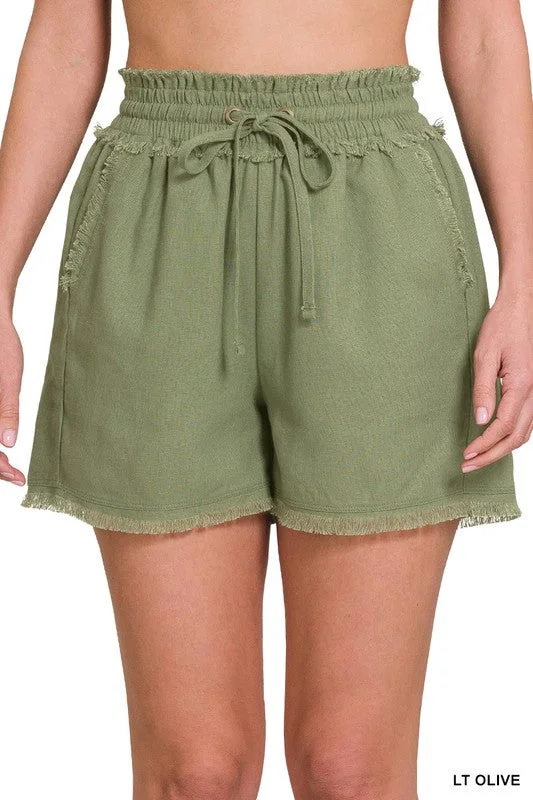 Women's denim shorts with a comfortable fit-Linen Frayed Hem Drawstring Shorts with Pockets Women's denim shorts with a comfortable fit-Linen Frayed Hem Drawstring Shorts with Pockets