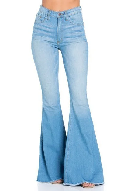 Women's denim jeans with a seed embellishment-Logan Bell Bottom Jean in Light Blue -Inseam 32