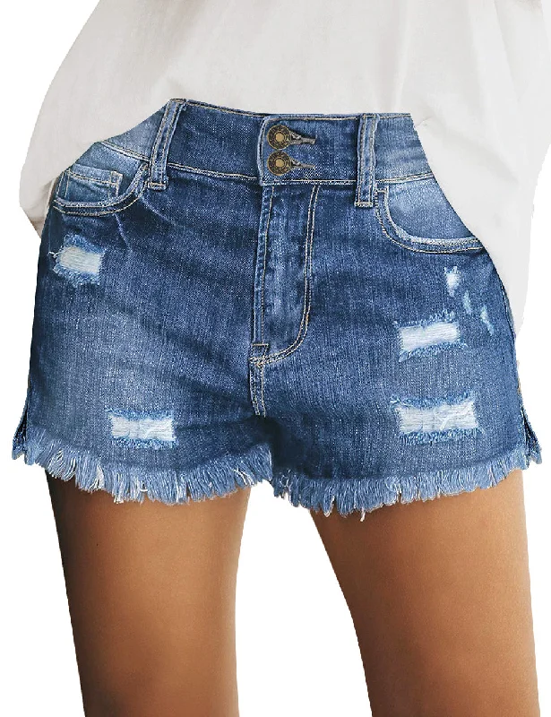 Women's denim shorts near the stores :Women Summer High Waisted Sewn Cuffed Hem Buttons Denim Jean Shorts