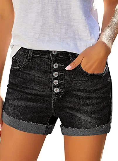 Women's denim shorts high rise trendy-Women's High Waisted Rolled Hem Distressed Jeans Ripped Denim Shorts
