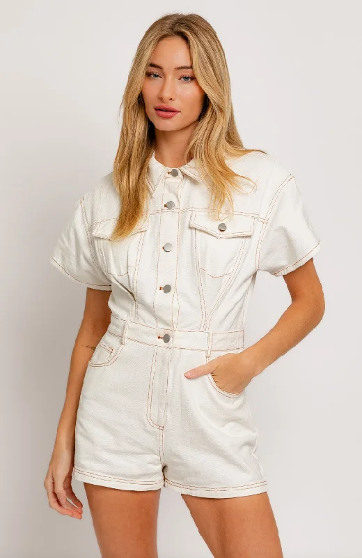Women's denim shorts with a high rise waistband :Madison Short Sleeve Denim Romper