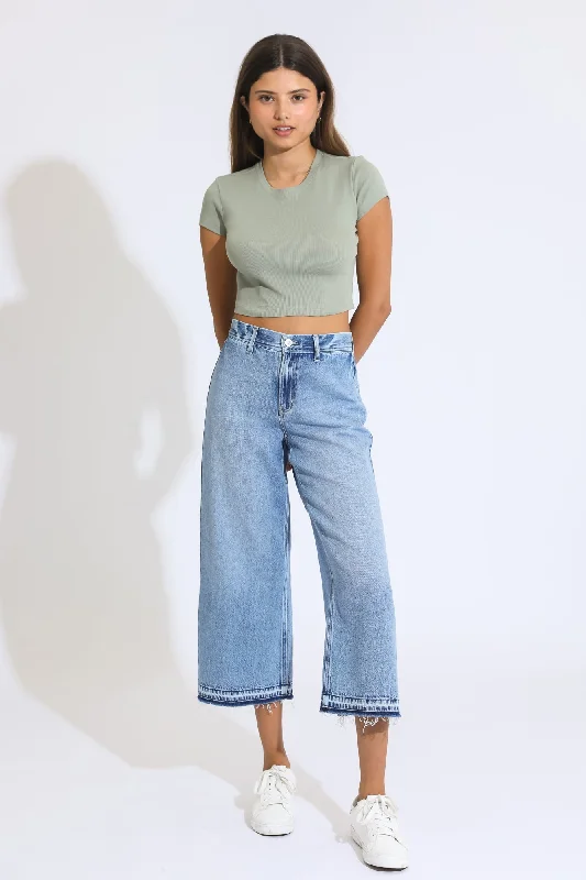Women's denim jeans with a memorial change cause design embellishment-Marina Wide Leg Crop Jeans - Light Medium Indigo