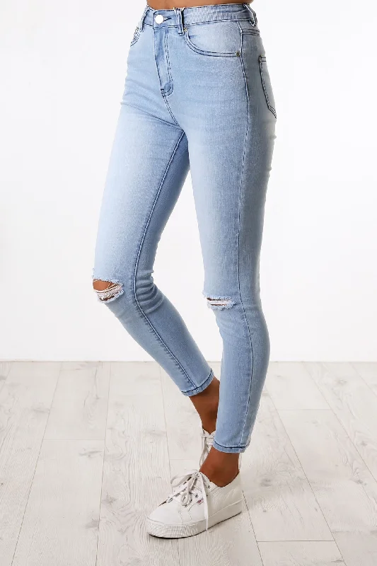 Women's denim jeans with a social cause design embellishment-Marleigh Jean Light Blue Ripped Women's denim jeans with a social cause design embellishment-Marleigh Jean Light Blue Ripped