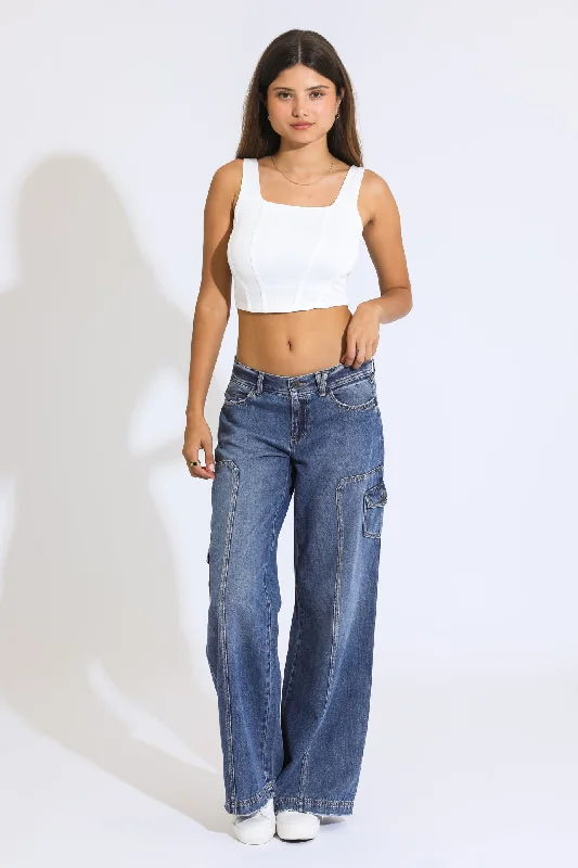 Women's denim jeans styled with boots-Maxine Low Rise Cargo Wide Leg Jeans - Vintage Indigo