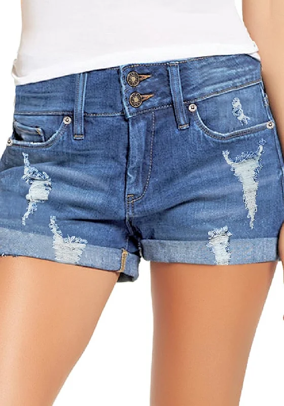 Denim is and by not 2025 style new style high what -Women's High Waisted Rolled Hem Distressed Jeans Ripped Denim Shorts