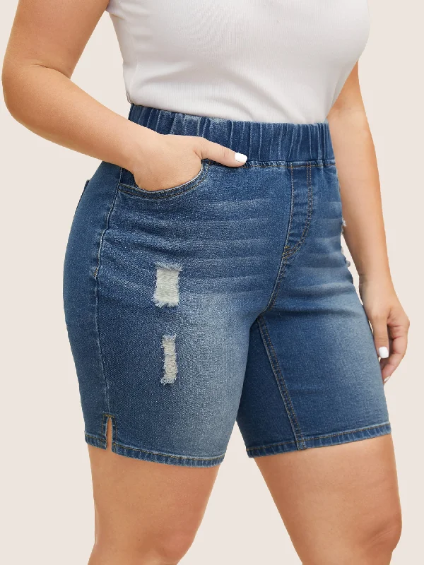 Women's denim shorts with a blazer-Medium Wash Elastic Waist Distressed Denim Shorts Women's denim shorts with a blazer-Medium Wash Elastic Waist Distressed Denim Shorts