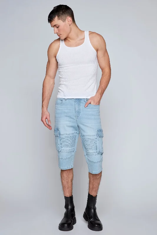 Women's denim shorts and a hat-Men's 5-Pocket Denim Moto Cargo Capri Shorts - Blue Bleach