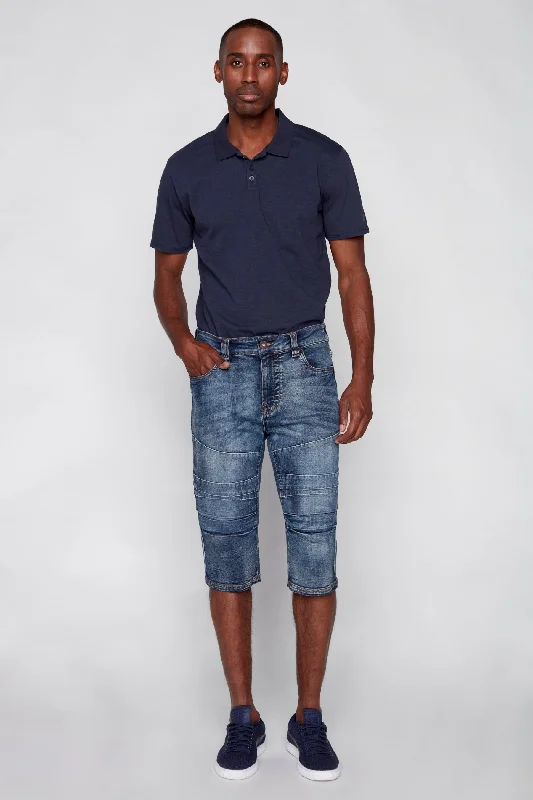Women's denim shorts with a scarf-Men's Denim Moto Capri Shorts - Vintage Medium Blue