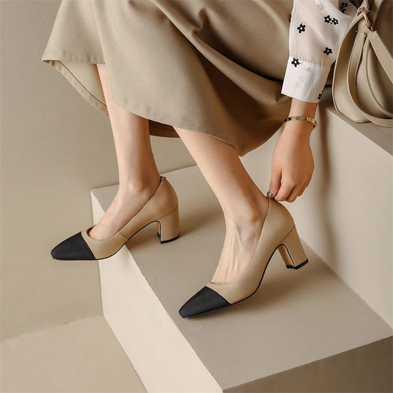 Genuine Leather Women Thick Heels Pumps Square Toe Fashion High Heel---Durable Square Toe Block Heels for Everyday Use