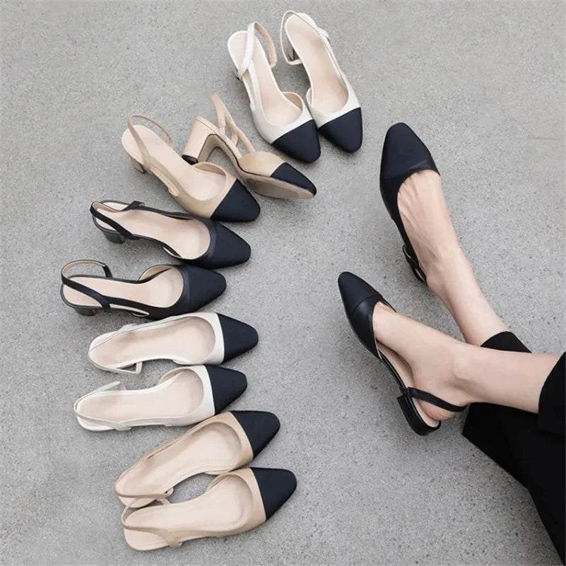 Low Heels Real Leather Slingbacks Shoes Women Square Toe Pumps---Durable Square Toe Block Heels for Everyday Use