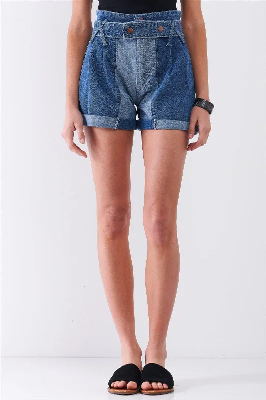 Women's denim shorts is from the new -Mid-Blue Two Tone Wash High-Waisted Cuffed Denim Mom Shorts