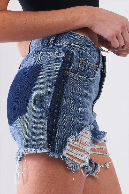 Women's denim shorts can plus is stylist great new or:Mid-Blue Wash Destroyed High-Waisted Denim Shorts
