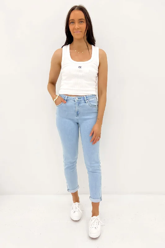 Women's denim jeans with a revolution cause design embellishment-Mid Boyfriend Jean Baby Blues