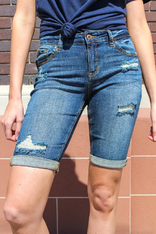 Women's denim shorts for a theme park-Mid Rise Bermuda Shorts