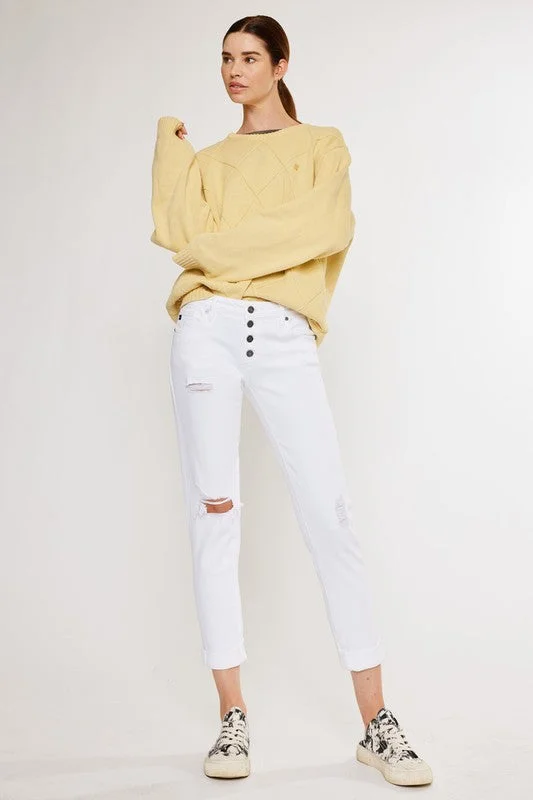 Women's denim jeans with a fur trim-Mid Rise Girlfriend Fit Jeans