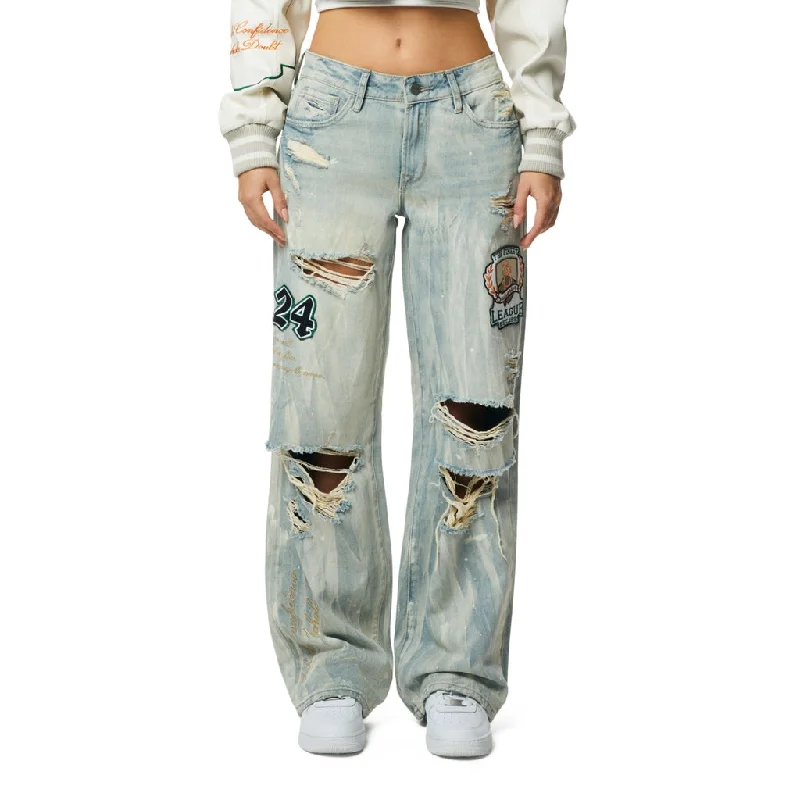 Mid Rise Patched Wide Leg Jeans - Leo Blue