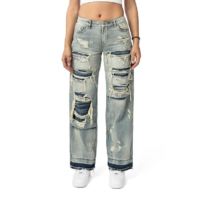 Mid Rise Rip Off Wide Leg Jeans - Industrial Blue