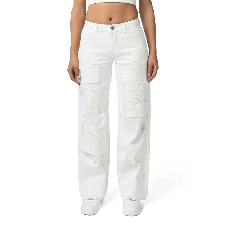 Mid Rise Rip Off Wide Leg Jeans - White