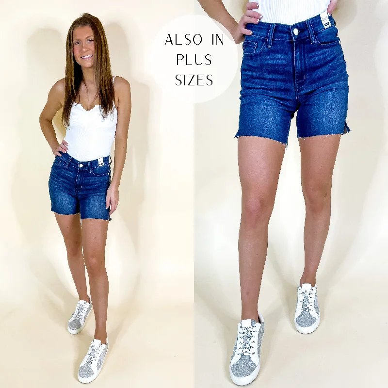 Women's denim shorts and a band tee-Judy Blue | Claim To Love Mid Thigh Cut Off Shorts in Dark Wash