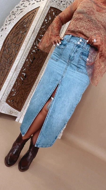 Women's denim skirts with side pockets for convenience -Utility Pocket Denim Slit Midi Skirt Women's denim skirts with side pockets for convenience -Utility Pocket Denim Slit Midi Skirt