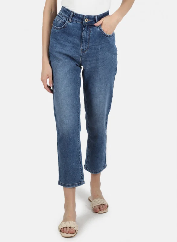 Women's denim jeans with a charity change cause design embellishment-Women Blue Regular Fit Denim