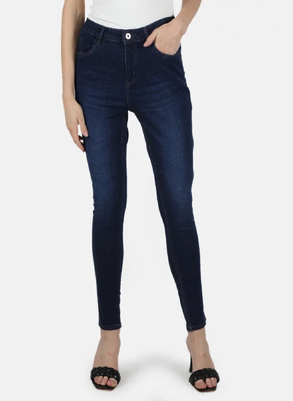 Women's denim jeans with a support change cause design embellishment-Women Navy Blue Slim Fit Denim