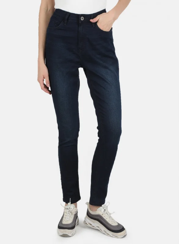 Women's denim jeans with a human rights change cause design embellishment-Women Navy Blue Slim Fit Denim
