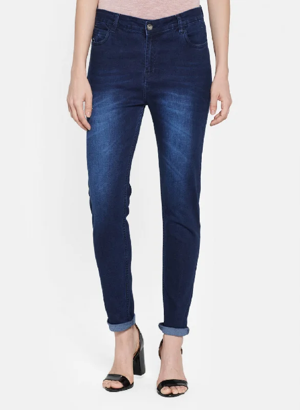 Women's denim jeans with sneakers-Womens Navy Blue Regular Denim
