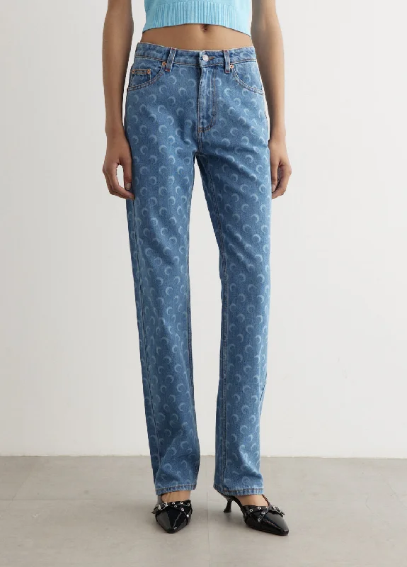 Women's denim jeans for tall women-Moon Laser Denim Loose Jeans